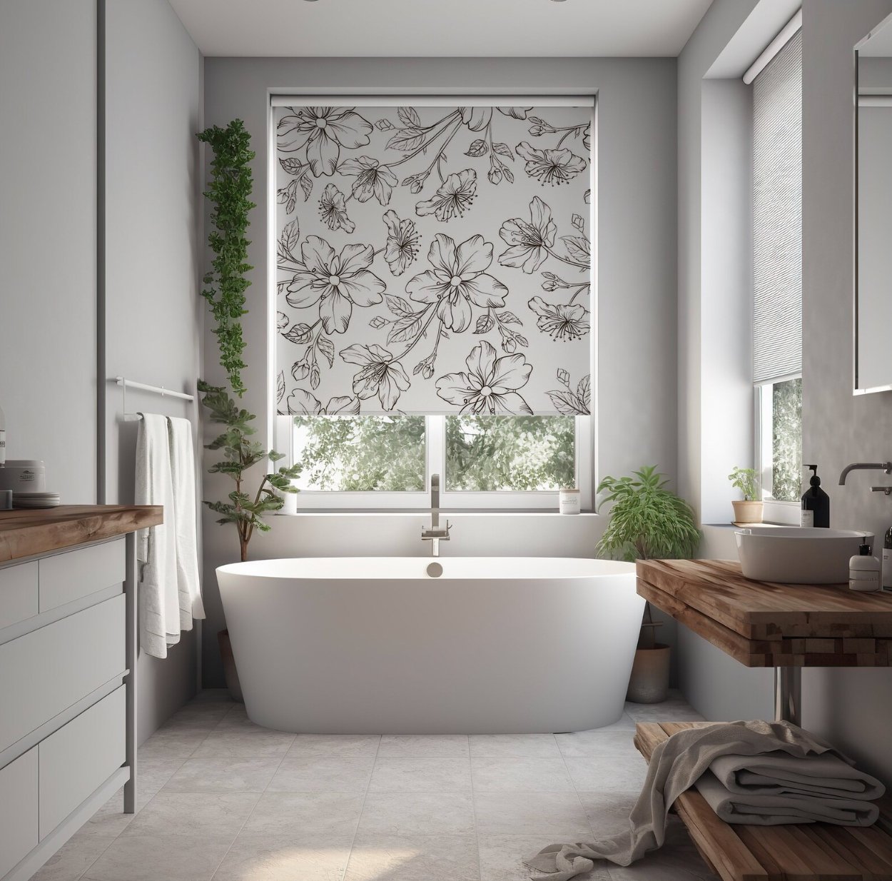 Black and White Floral Roll up Window Blinds and Shades, Linen Window Treatments for Living Room