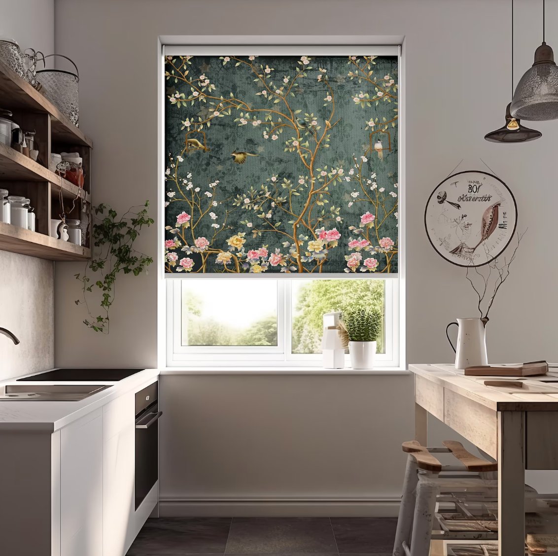 Birds Floral Blue Roller Blinds - Roller Shade Creative