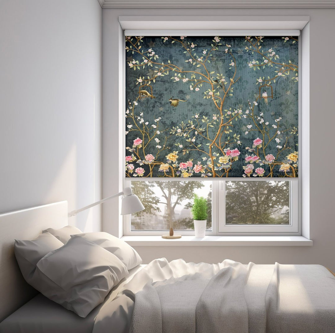 Birds Floral Blue Roller Blinds - Roller Shade Creative