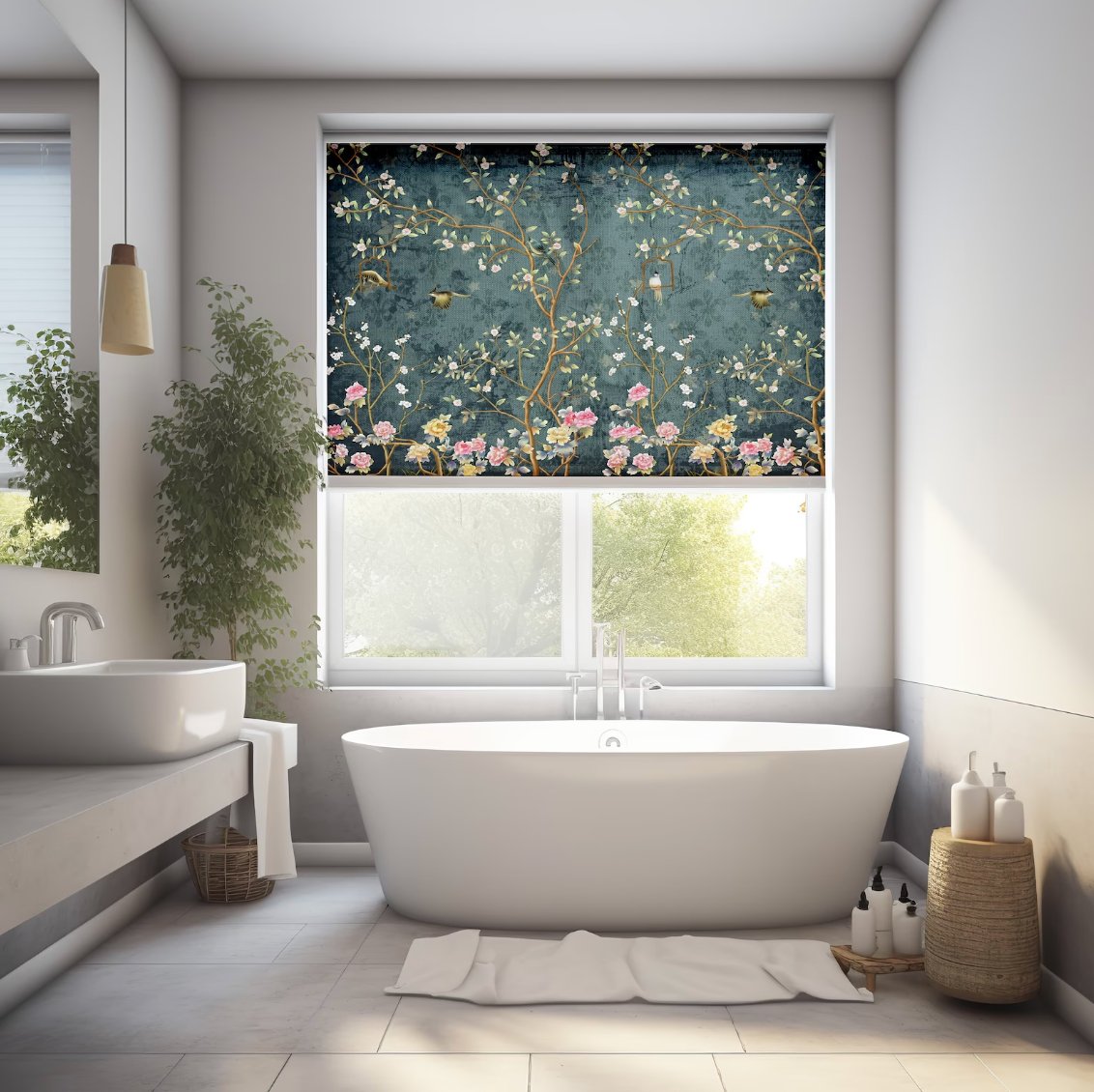 Birds Floral Blue Roller Blinds - Roller Shade Creative