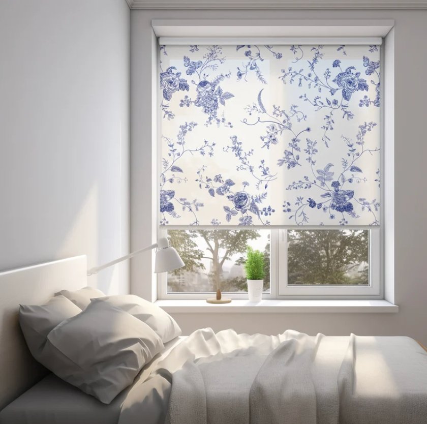 Blue Floral Roller Shade - Roller Shade Creative