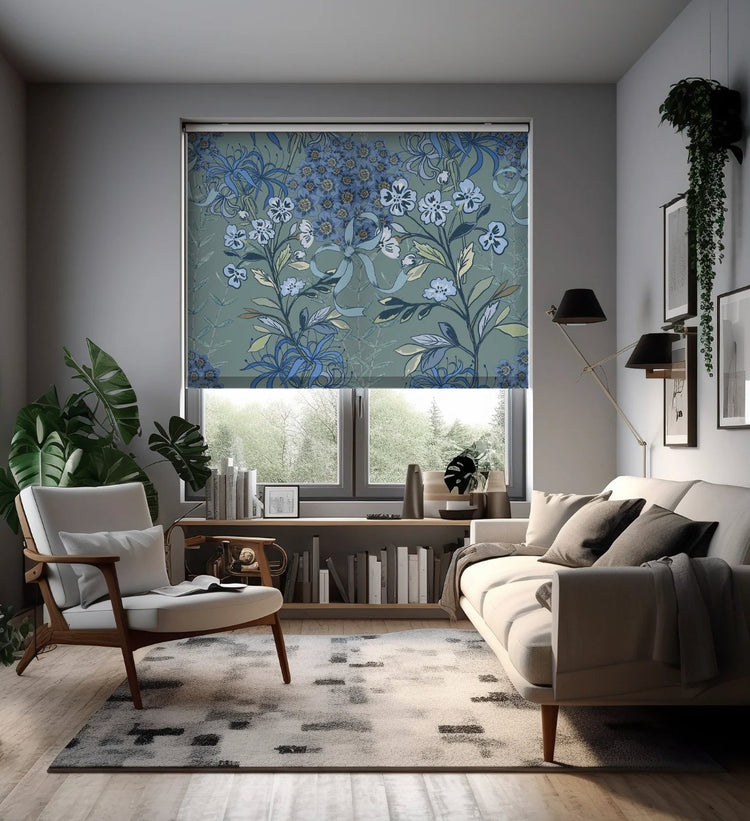 Blue Floral Window Blinds - Roller Shade Creative