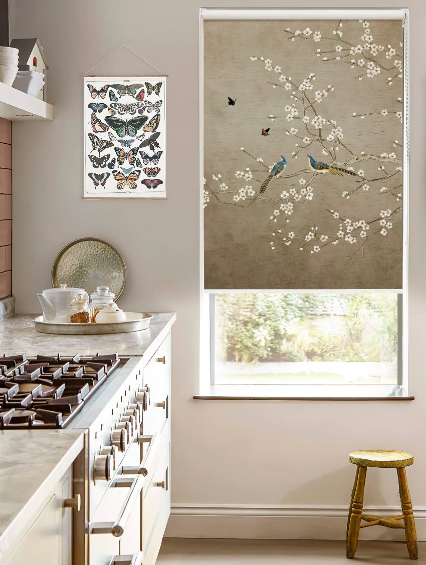 Brown Roller Shades with Birds - Roller Shade Creative