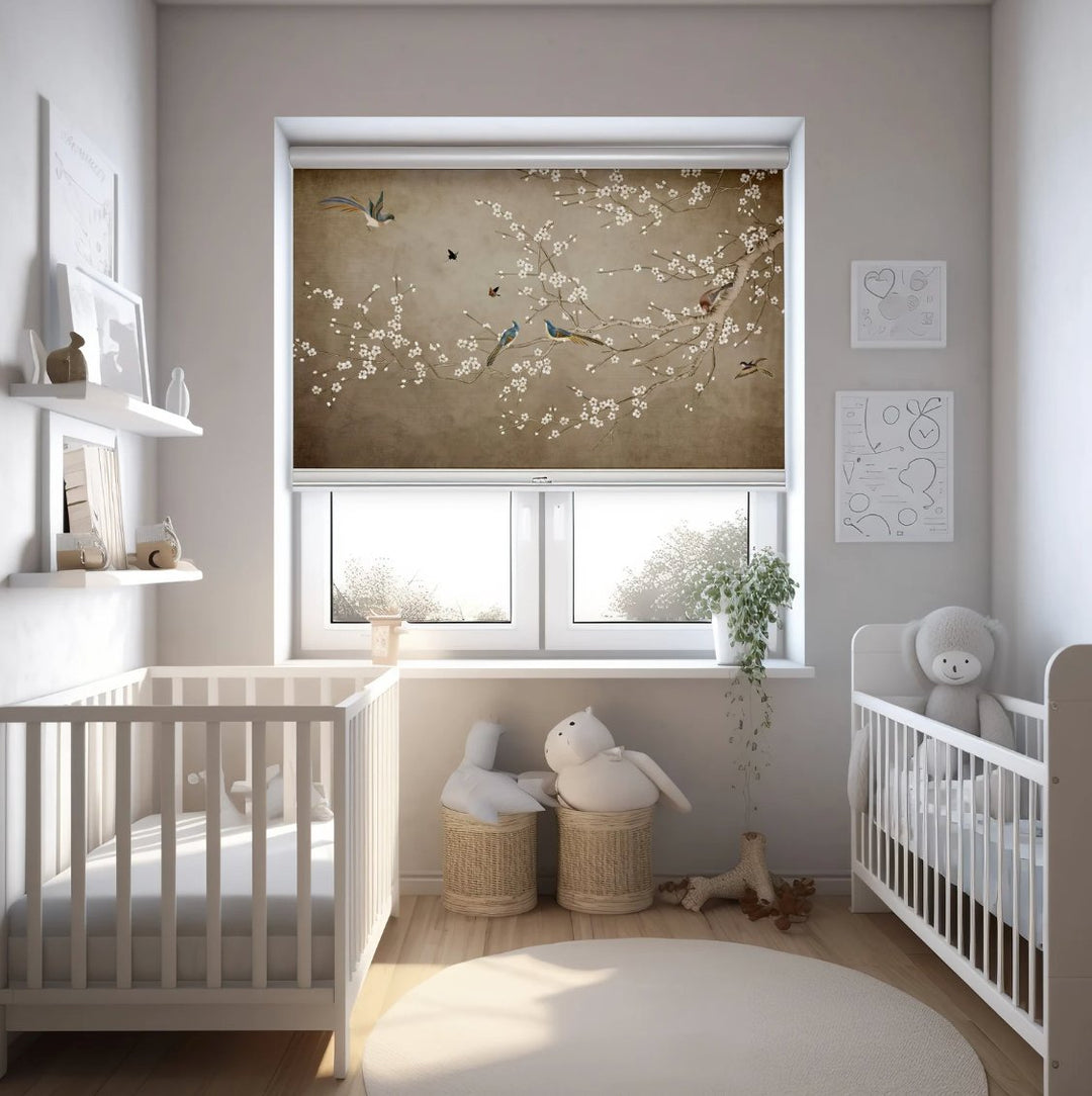 Brown Roller Shades with Birds - Roller Shade Creative