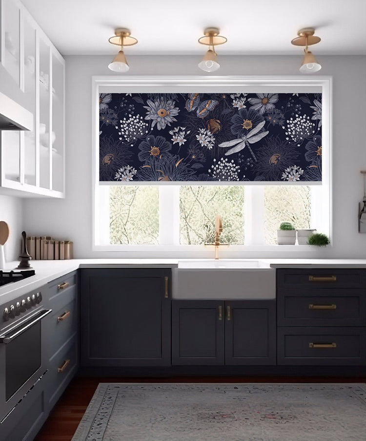 Dark Blue Floral Window Blinds - Roller Shade Creative