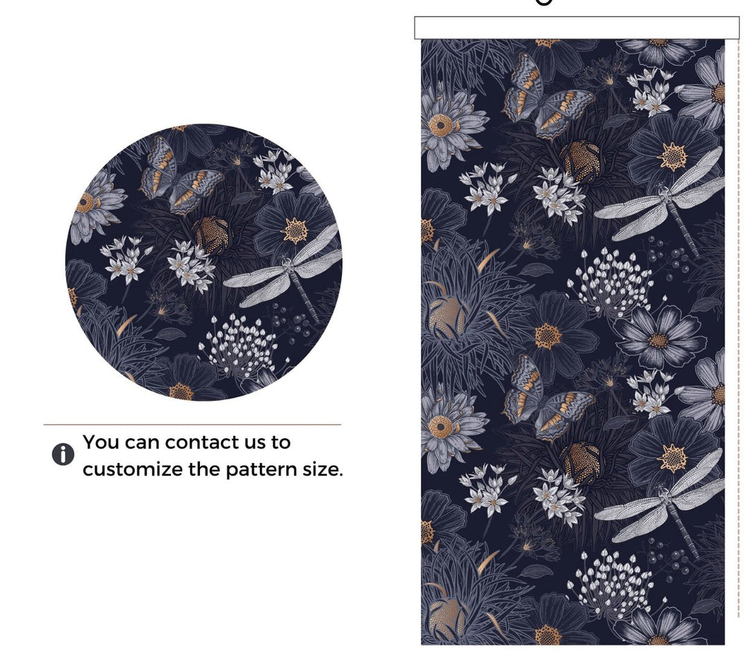 Dark Blue Floral Window Blinds - Roller Shade Creative