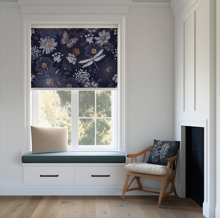 Dark Blue Floral Window Blinds - Roller Shade Creative