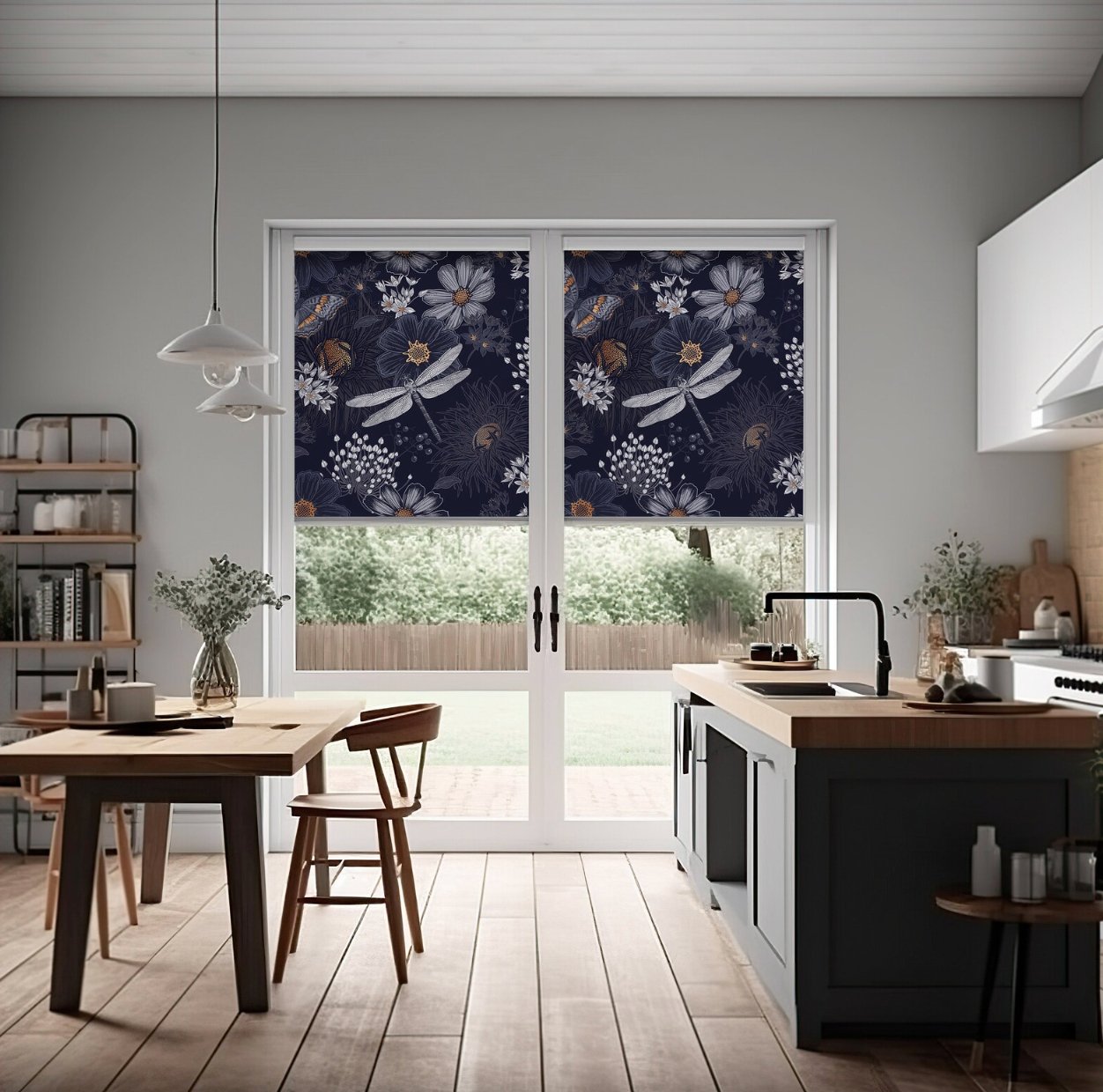 Dark Blue Floral Window Blinds - Roller Shade Creative