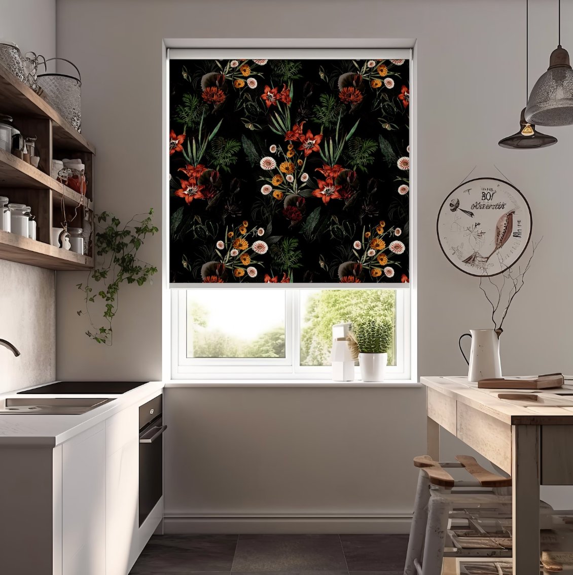 Dark Botanical Window Blinds - Roller Shade Creative