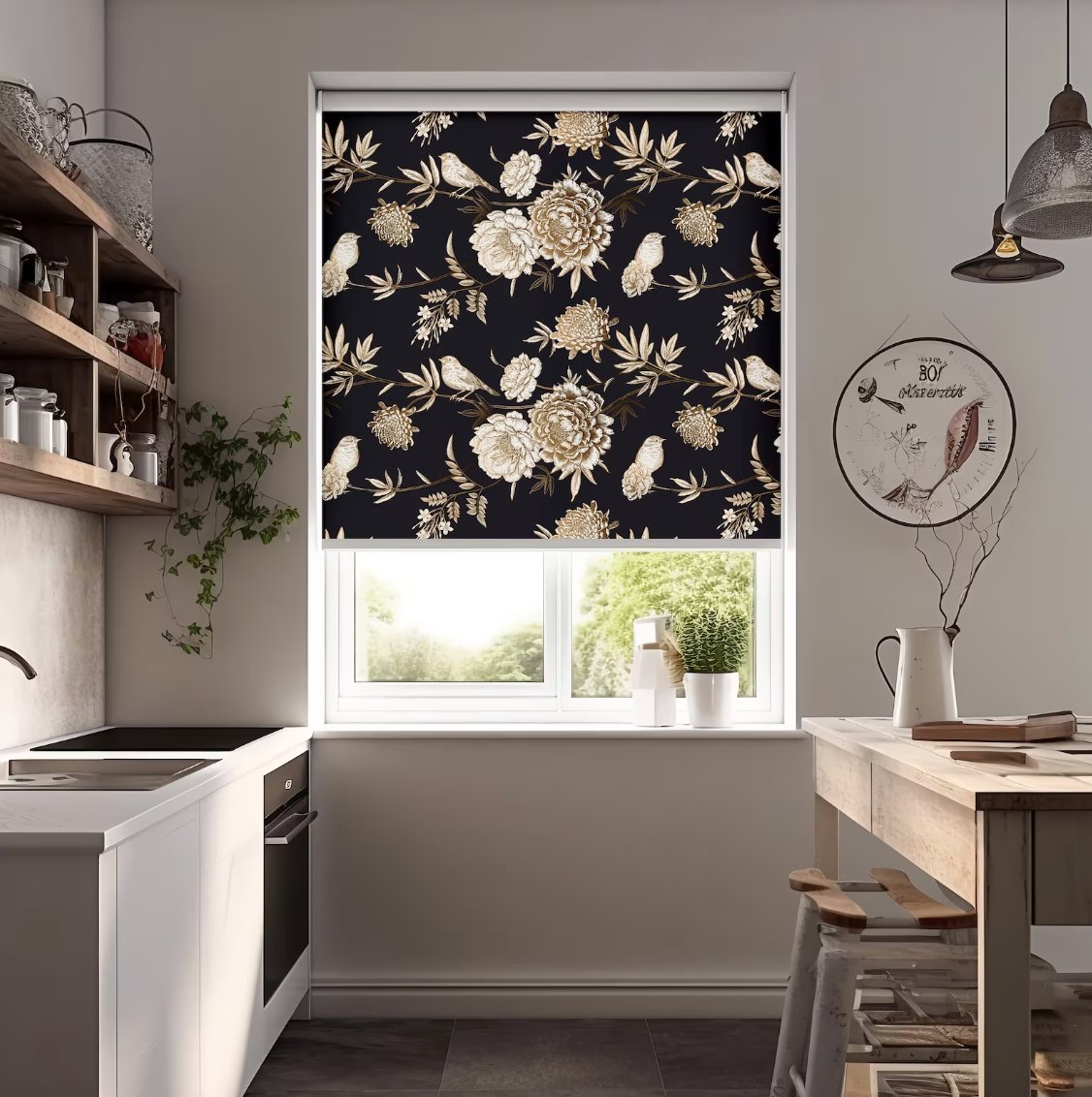 Dark Floral with Birds Roller Shade - Roller Shade Creative