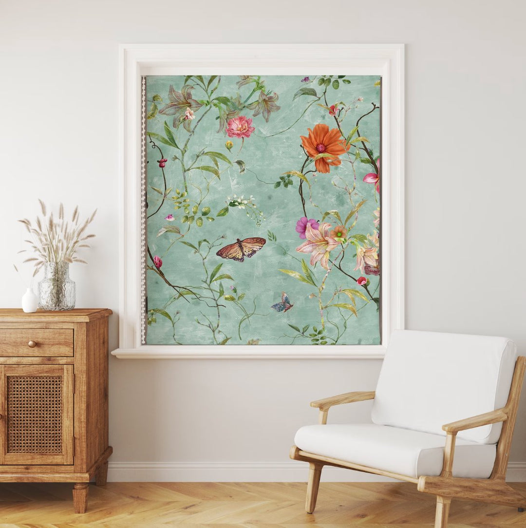 Green Butterfly Floral Blind - Roller Shade Creative