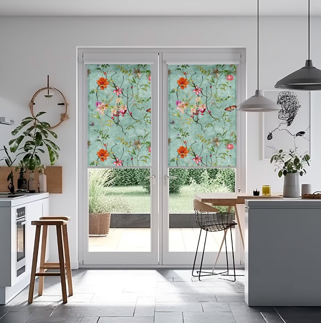 Green Butterfly Floral Blind - Roller Shade Creative