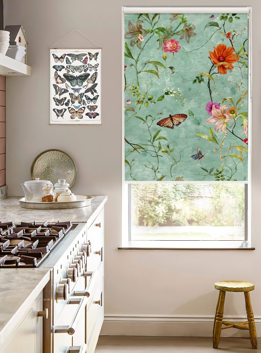 Green Butterfly Floral Blind - Roller Shade Creative