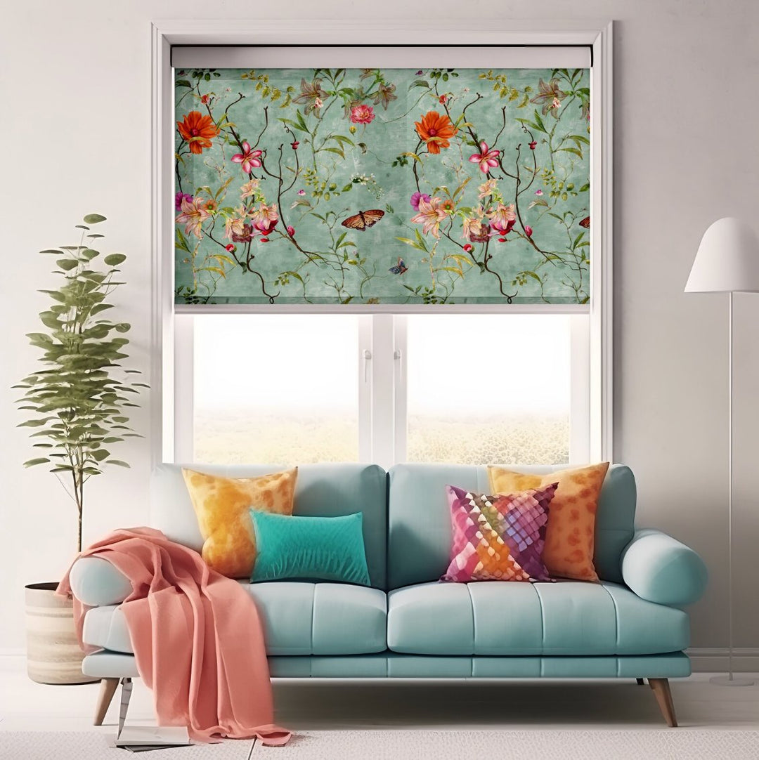 Green Butterfly Floral Blind - Roller Shade Creative