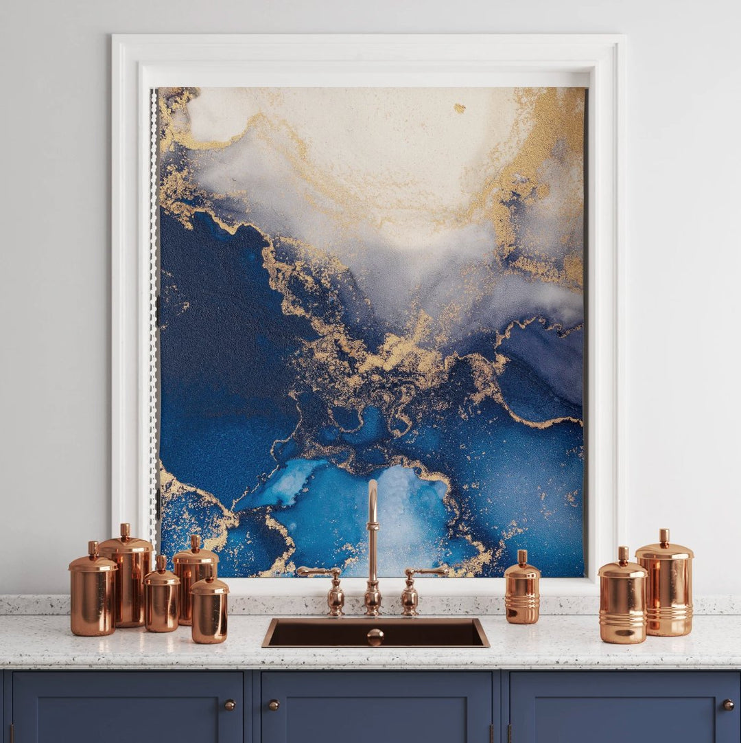 Navy Blue Gold Marble Window Shade - Roller Shade Creative