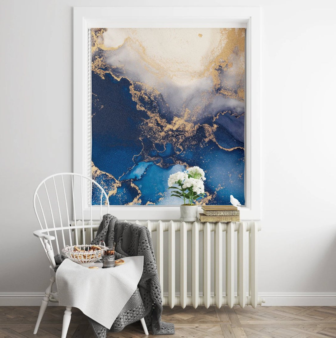 Navy Blue Gold Marble Window Shade - Roller Shade Creative