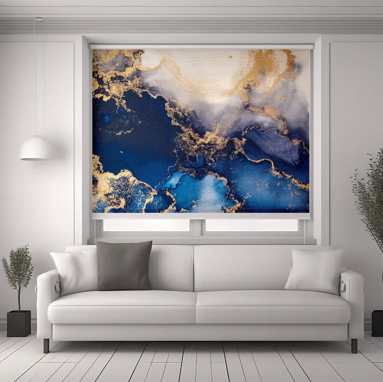 Navy Blue Gold Marble Window Shade - Roller Shade Creative