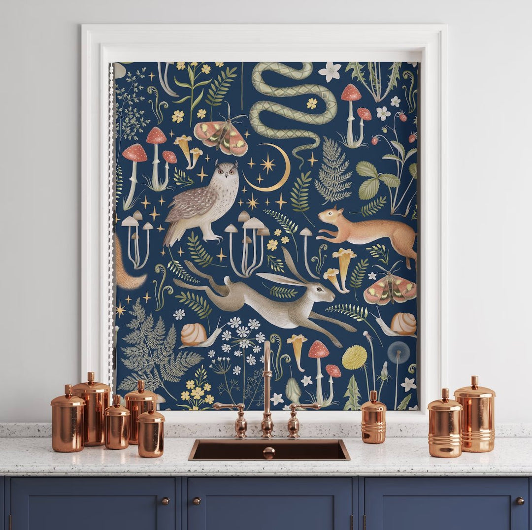 Navy Blue Mushroom Floral Roller Shade - Roller Shade Creative