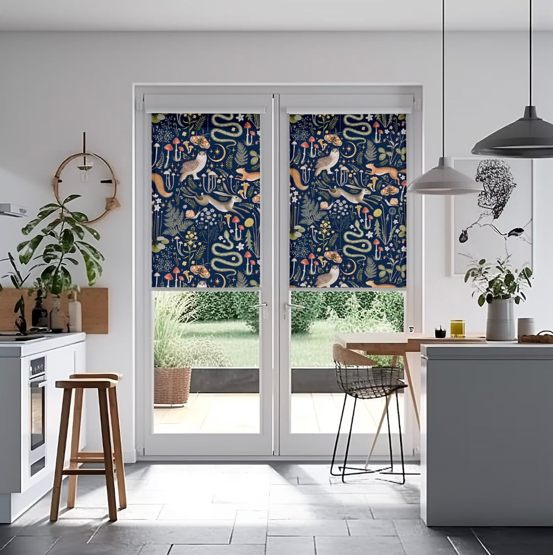 Navy Blue Mushroom Floral Roller Shade - Roller Shade Creative