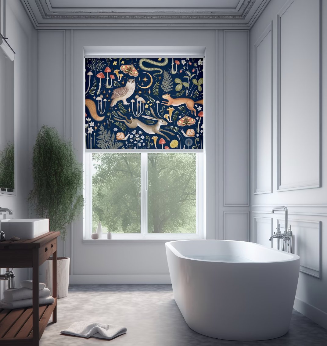 Navy Blue Mushroom Floral Roller Shade - Roller Shade Creative