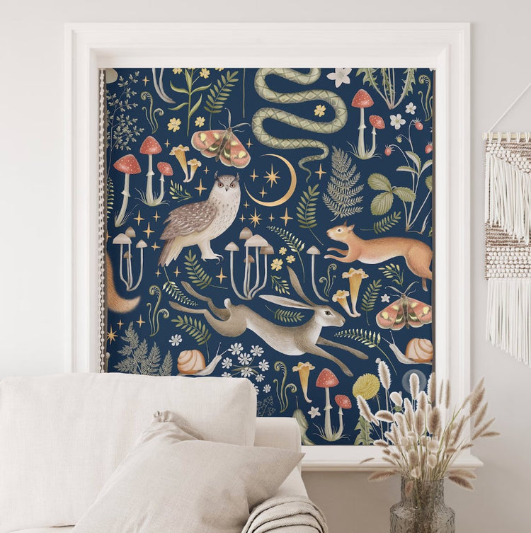 Navy Blue Mushroom Floral Roller Shade - Roller Shade Creative