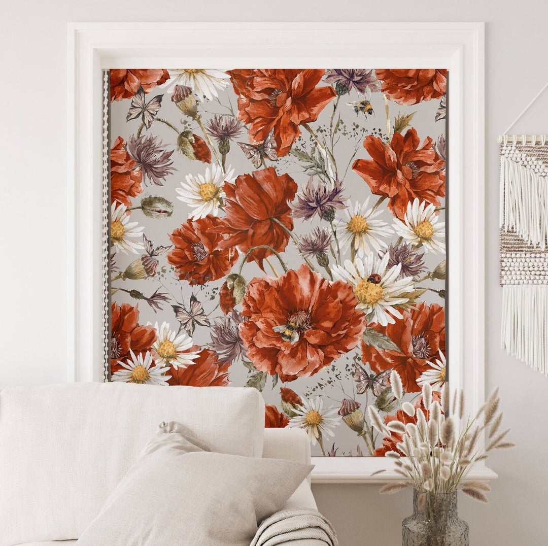 Red Peony Floral Roller Shade - Roller Shade Creative